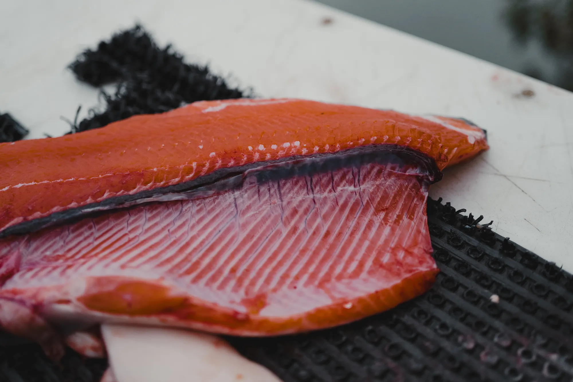 A deep red-orange salmon fillet resting on a black cleaning mat