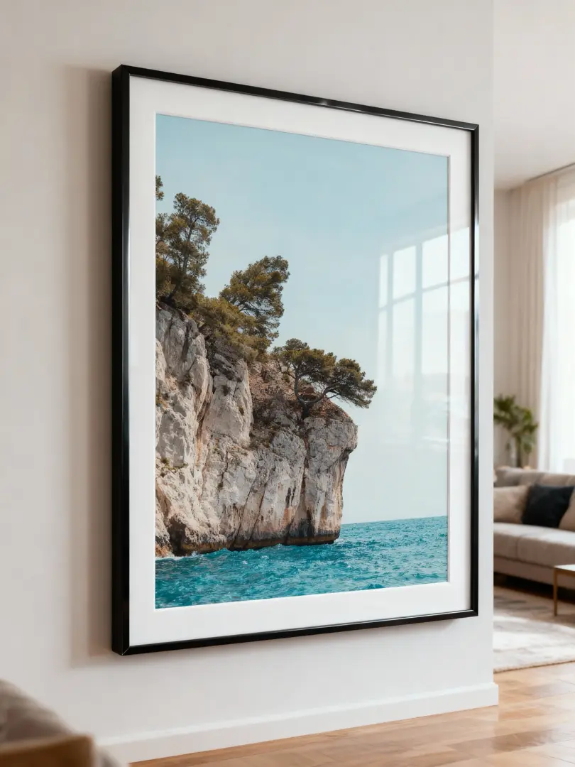 Small fine-art landscape print at 11 by 14 inches framed on a sunlit wall