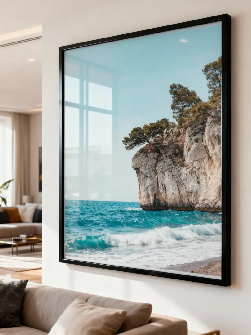 Medium fine-art landscape print at 16 by 20 inches framed above a sofa