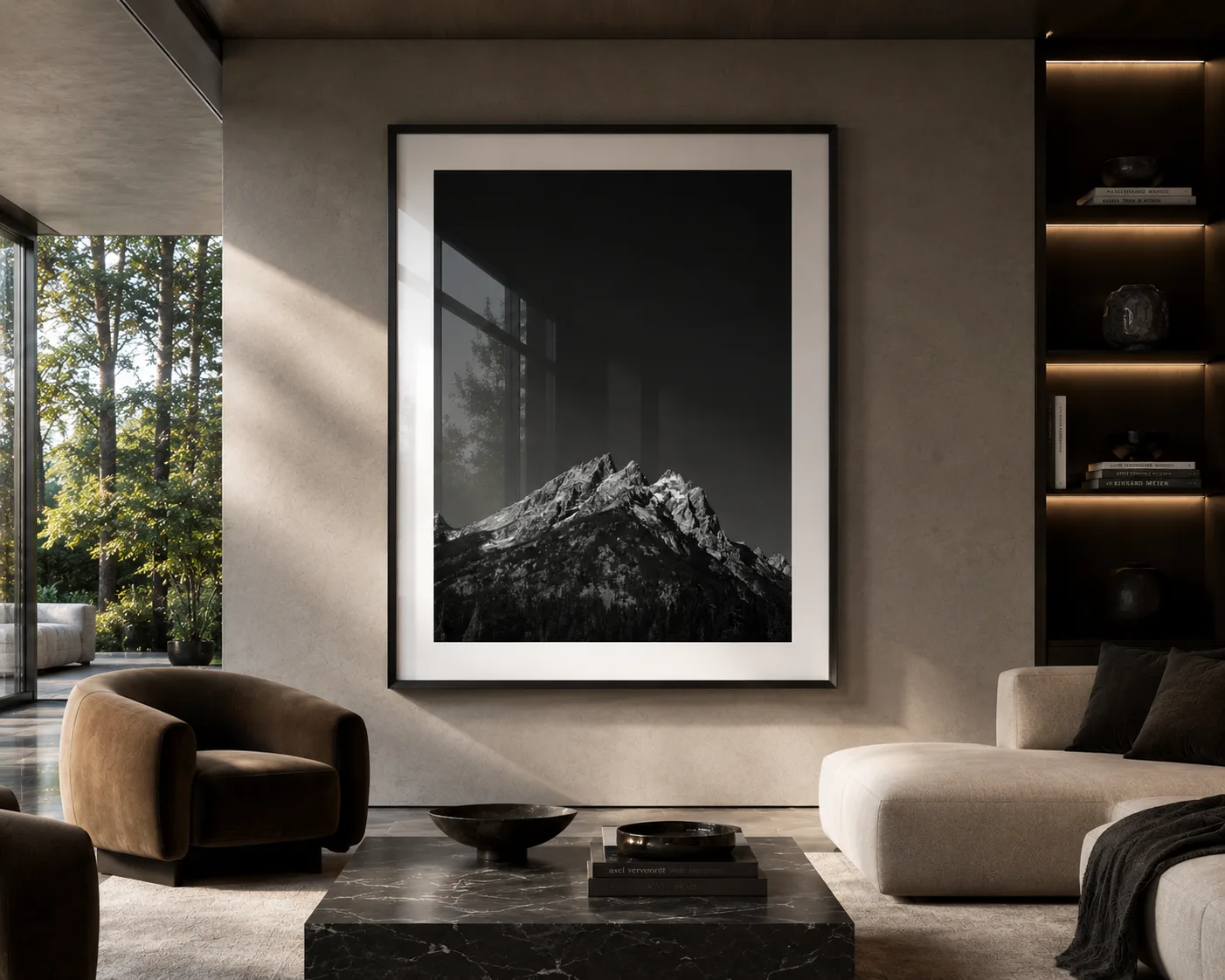 Framed black-and-white print of the Cathedral Group, Grand Teton National Park, displayed on a wall in a sunlit room